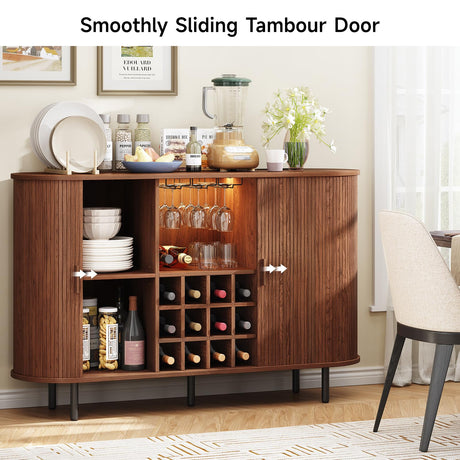ONBRILL 55" Wine Bar Cabinet with LED Light,Modern Liquor Whiskey Coffee Station with Wine Rack and Glass Holder, Farmhouse Buffet Sideboard with Storage for Living Room, Kitchen, Entryway (Walnut) ONBRILL