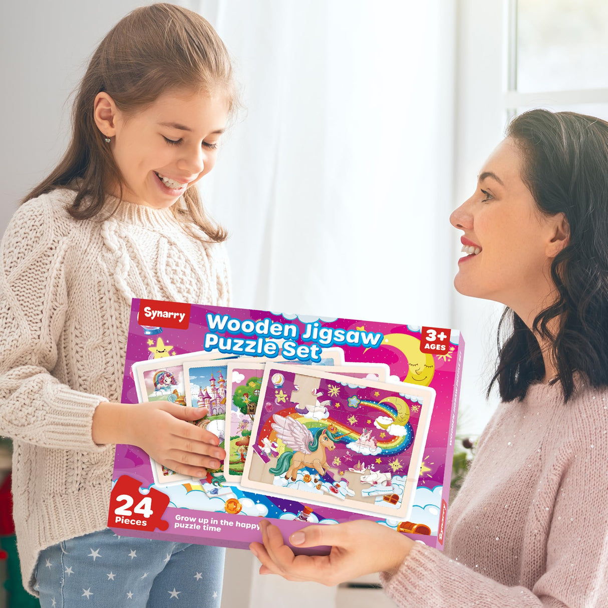 SYNARRY Large Unicorn Princess Fairy Wooden Puzzles for Girls Gift Box(12.2*9.4 in) - FSC Certified, 24 Pcs Puzzles for Kids Ages 4-6, Puzzles for Toddlers 3-5, Unicorn Toys Gifts for 3 4 5 Year Old SYNARRY