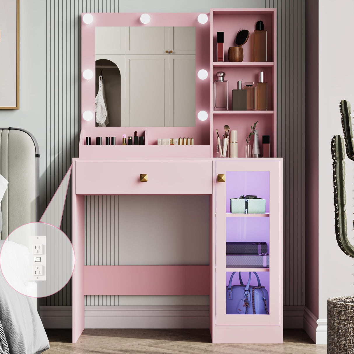 Thacuok Small Vanity Desk with Mirror and Lights,Makeup Table with Charging Station & RGB Storage Cabinet,Large Drawer & Storage Shelves,Girls Vanity,Bedroom Dressing Table,Pink Thacuok
