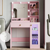 Thacuok Small Vanity Desk with Mirror and Lights,Makeup Table with Charging Station & RGB Storage Cabinet,Large Drawer & Storage Shelves,Girls Vanity,Bedroom Dressing Table,Pink Thacuok
