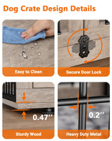 Dog Crate Furniture with Cushion, Large Wooden Dog Kennel Indoor with Double Doors, Dog Cage with Wheels, Dog House Side End Table for Large Medium Dogs up to 70 lb, 38.5” L, Grey YaFiti