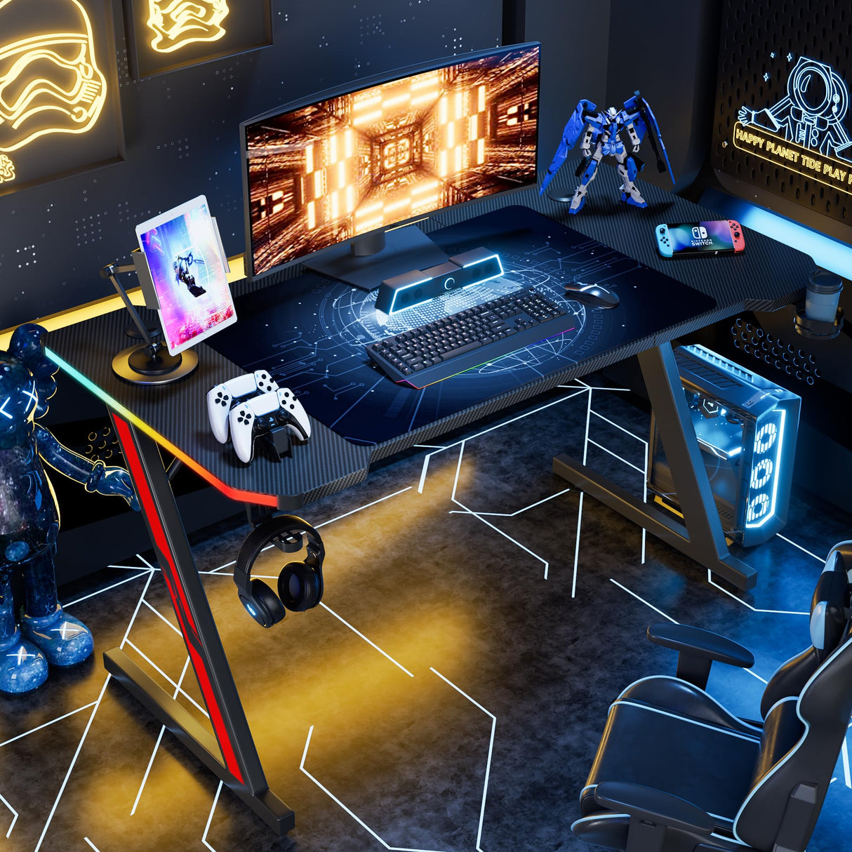 Homall Gaming Computer Desk with Carbon Fiber Surface, Gaming Table Z Shaped Pc Home Office with Cup Holder&Headphone Hook(55 in, Black, Led Light) Homall