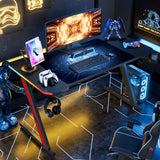 Homall Gaming Computer Desk with Carbon Fiber Surface, Gaming Table Z Shaped Pc Home Office with Cup Holder&Headphone Hook(55 in, Black, Led Light) Homall