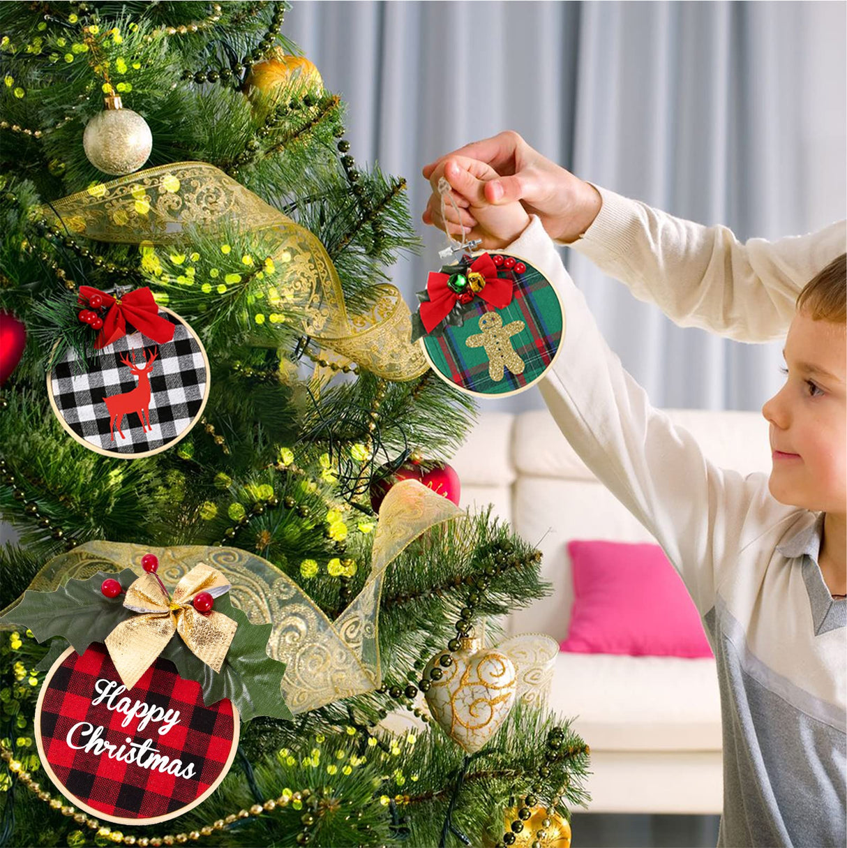 Caydo 12 Pack Christmas Ornament DIY Craft Kit Includes 3 Inch Bamboo Embroidery Hoops, Christmas Plaid Fabric, Mini Pine Cones, Artificial Pine Needle and Small Berries for Christmas DIY Decor Caydo