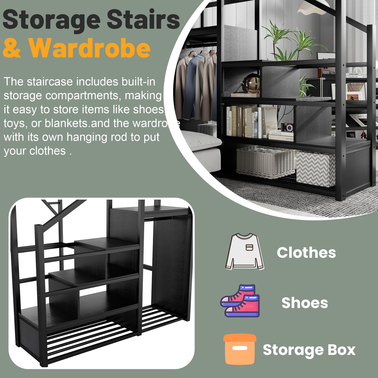 MoproBeti Full Size Loft Bed with Stairs, Metal Loft Beds Full with Storage Shelves, Adults Loft Bed with Wardrobe, Heavy Duty High Lofted Bed for Teens,Black +Black Stair MoproBeti