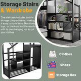 MoproBeti Full Size Loft Bed with Stairs, Metal Loft Beds Full with Storage Shelves, Adults Loft Bed with Wardrobe, Heavy Duty High Lofted Bed for Teens,Black +Black Stair MoproBeti