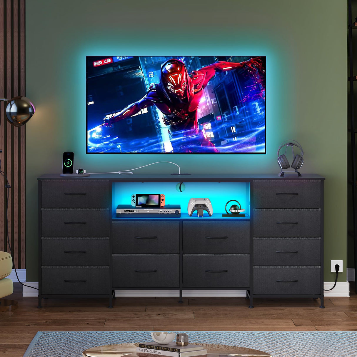 WLIVE 12 Drawer Dresser for Bedroom, Black Dresser TV Stand for 65, 70, 75 inch TV with Led Light & Charging Station, Wide Chest of Drawers with Open Shelves, Fabric Dressers for Closet, Living Room WLIVE