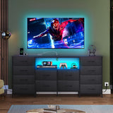 WLIVE 12 Drawer Dresser for Bedroom, Black Dresser TV Stand for 65, 70, 75 inch TV with Led Light & Charging Station, Wide Chest of Drawers with Open Shelves, Fabric Dressers for Closet, Living Room WLIVE