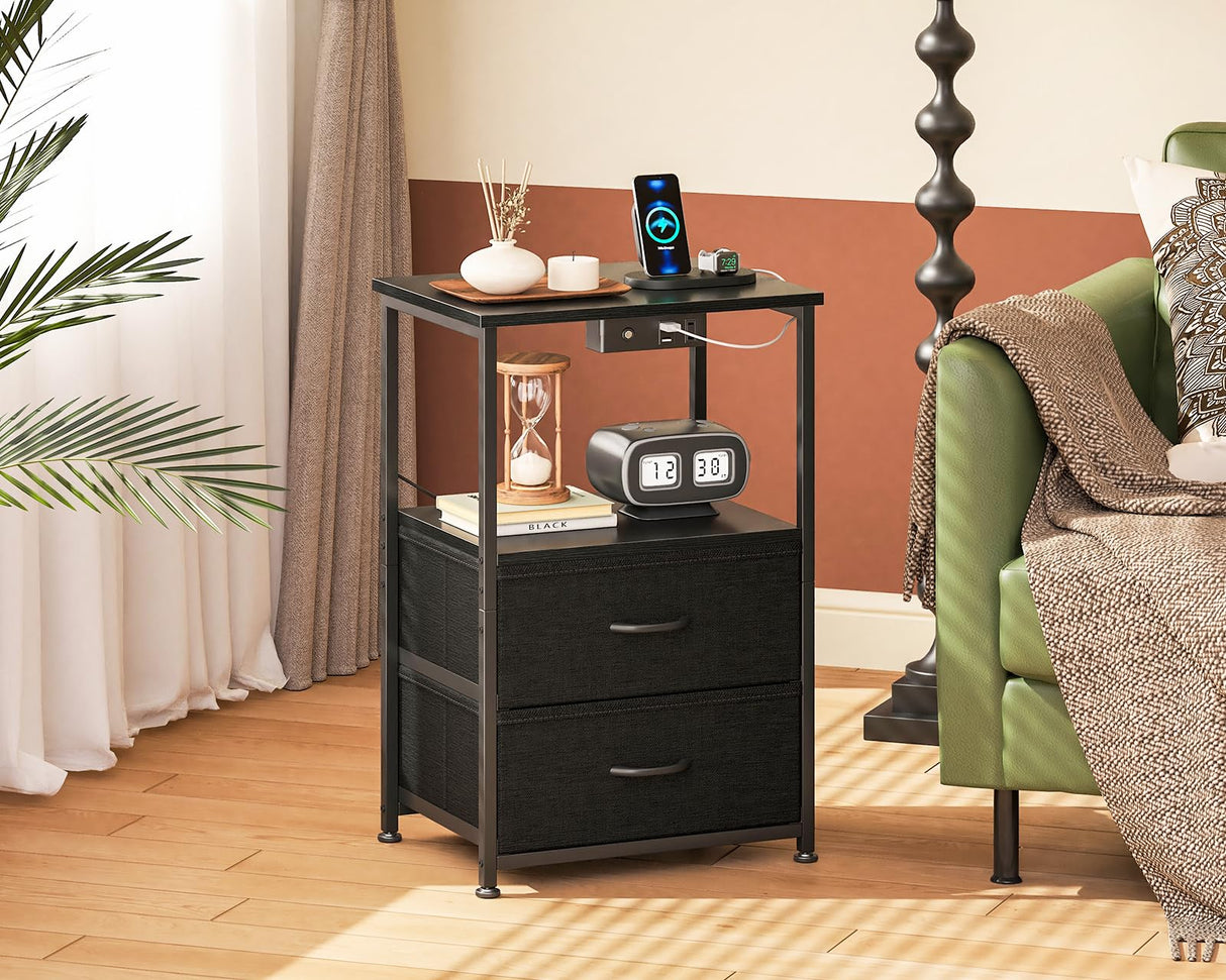 Casaottima Nightstand Set of 2 with Charger Station — USB Ports & Outlet, Bed SideTable with LED Lights, End Table with Fabric Drawers and Open Shelf, Bedside Table Night Stand for Bedroom, Black Casaottima