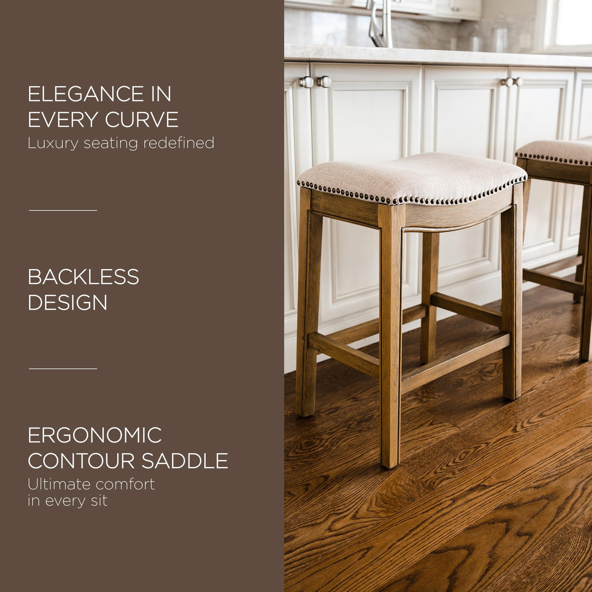 Maven Lane Adrien 26 Inch Counter Height Upholstered Backless Saddle Barstool in Natural Wood Finish with Wheat Cream Fabric Cushion Seat, Set of 2 Maven Lane