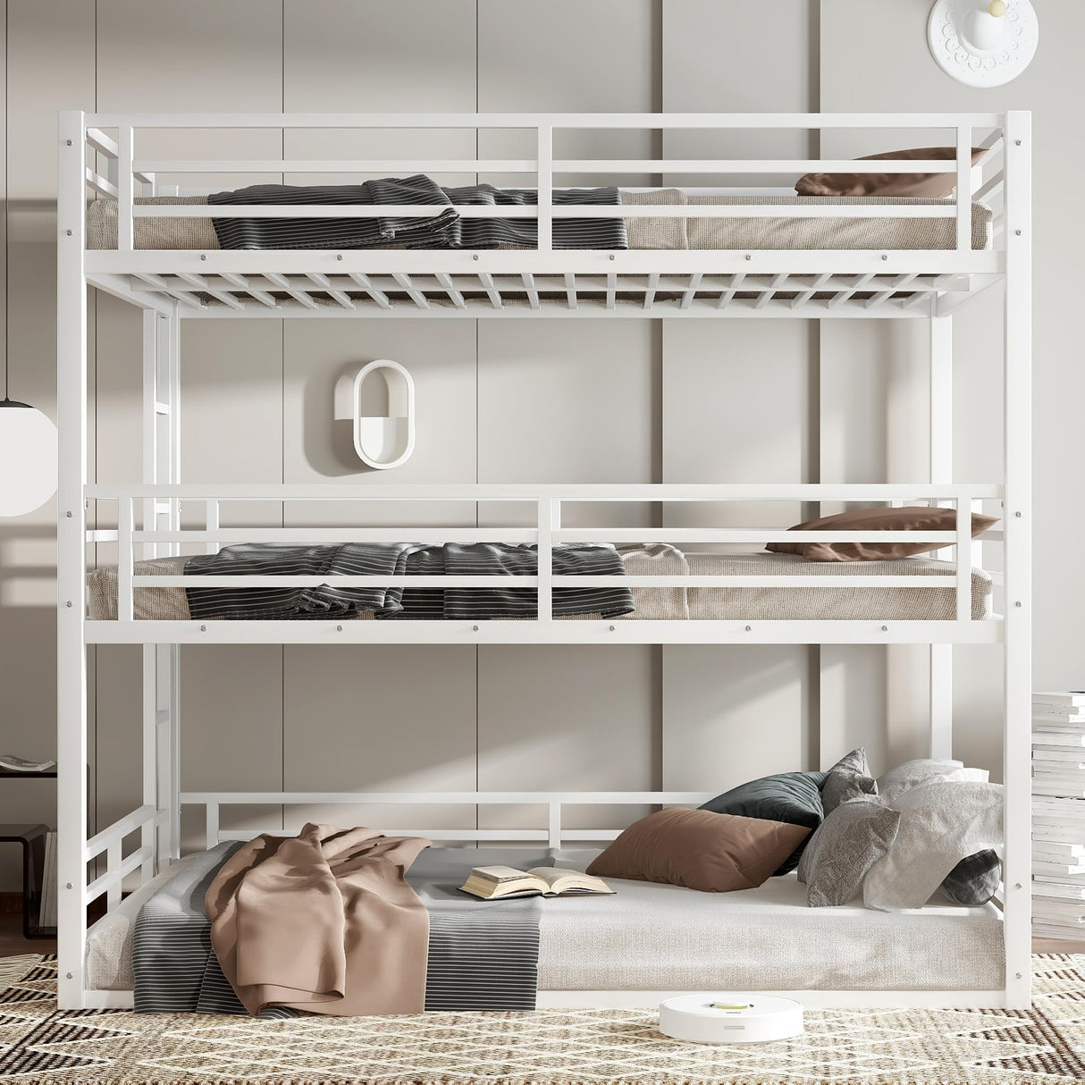 Bellemave Triple Bunk Bed Queen Size, Heavy Duty 3 Bunk Beds with Safety Guardrails and Noise-Reduced Design, Metal Triple Bed for 3 Kids, Teens, Adults, No Box Spring Needed White Bellemave