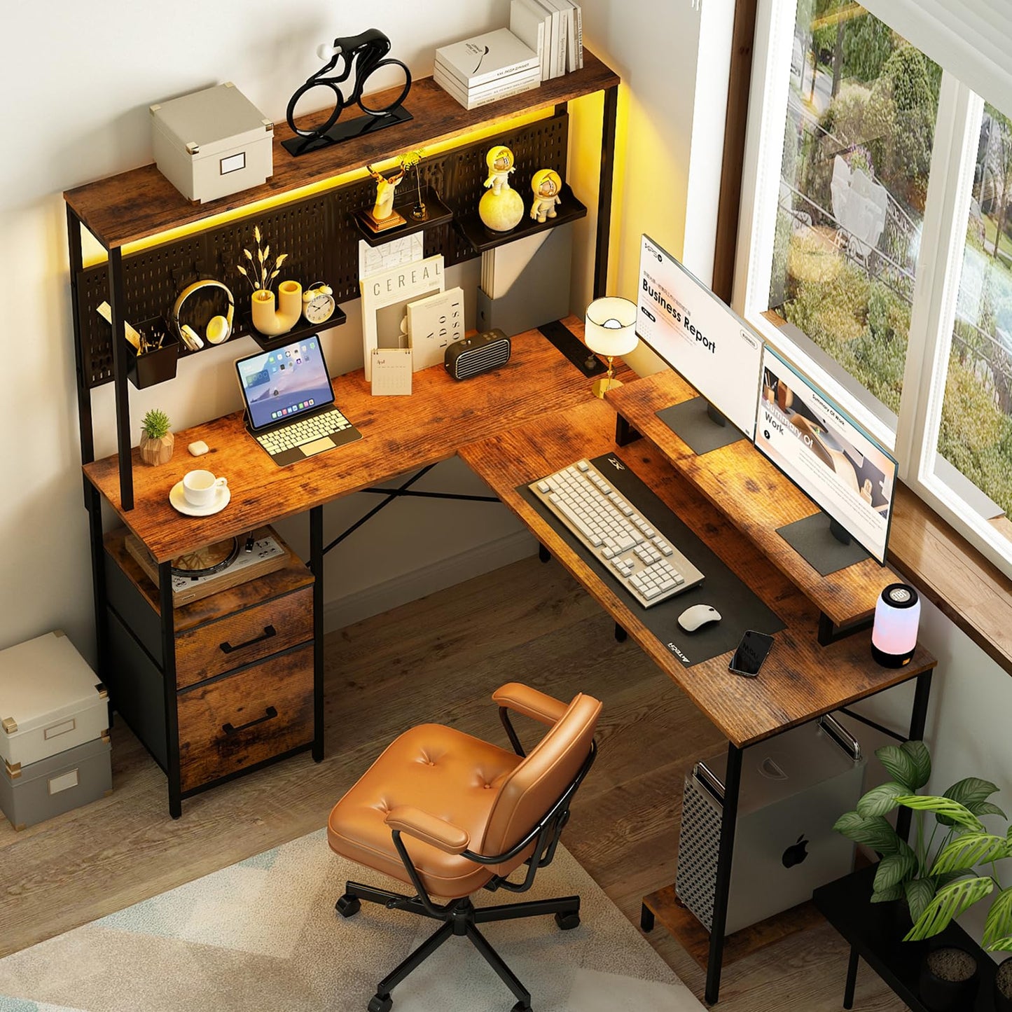 Yoobure L Shaped Desk with Pegboard, Reversible Computer Desk with Drawers & Storage Shelves, Gaming Desk with LED Lights & Power Outlets, Office Desk with Monitor Stand Corner Desk Home Office Desks