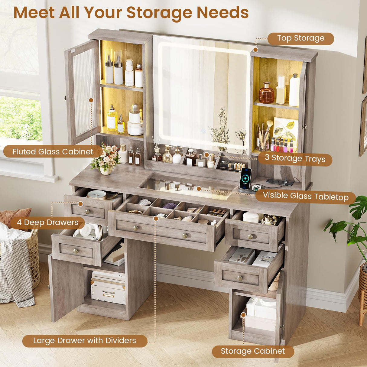 MSmask Vanity Desk with LED Mirror & 3 Color Modes, Large Makeup Vanity with 2 RGB Lights Cabinets, Glass Top Vanity Table with 5 Drawers & Power Outlet, Farmhouse Vanity, Grey MSmask