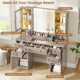 MSmask Vanity Desk with LED Mirror & 3 Color Modes, Large Makeup Vanity with 2 RGB Lights Cabinets, Glass Top Vanity Table with 5 Drawers & Power Outlet, Farmhouse Vanity, Grey MSmask