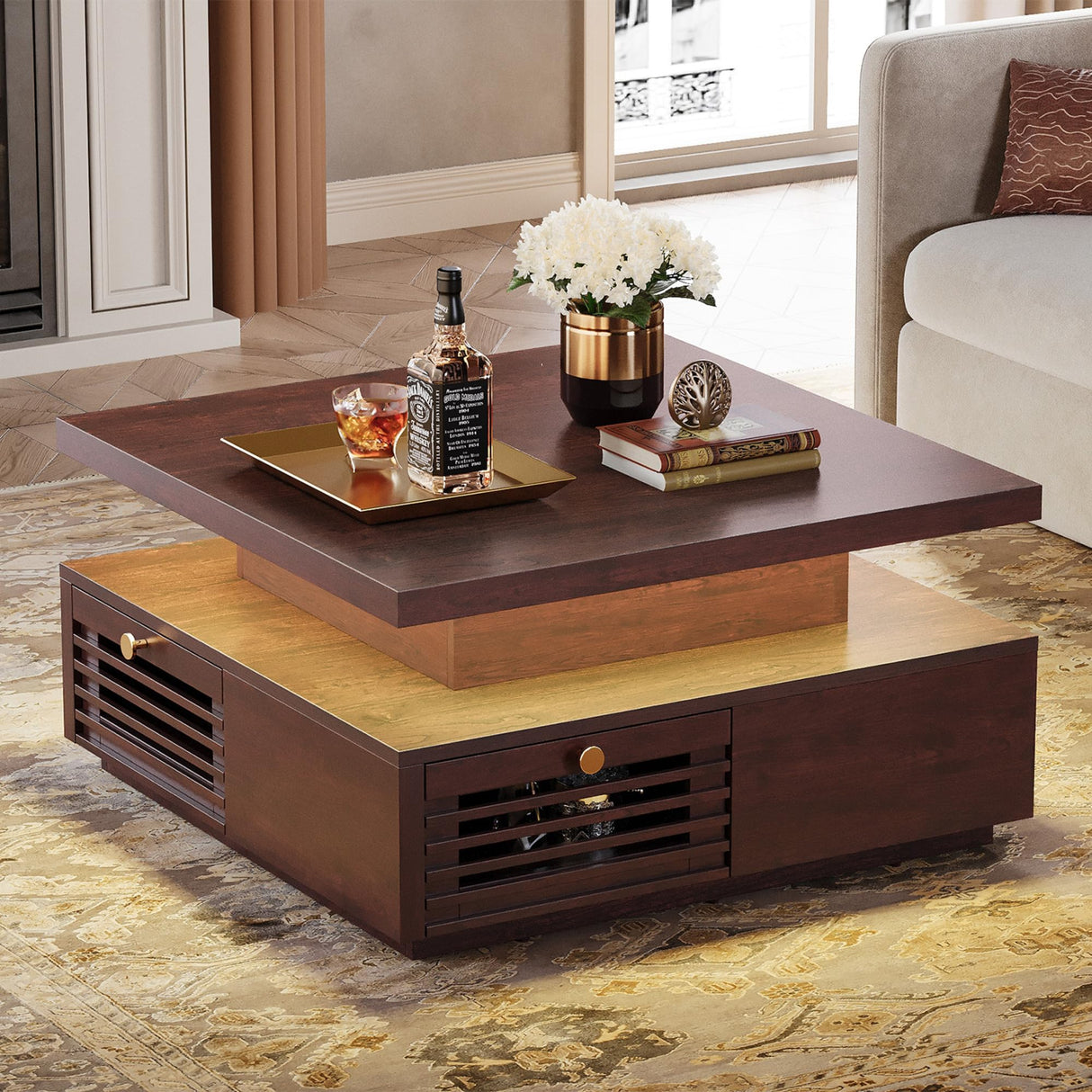 IRONCK Coffee Table with LED Light and Charging Station, 4 Storage Drawers with Grille Design, Square Coffee Table for Living Room Office Reception Room (Walnut) IRONCK