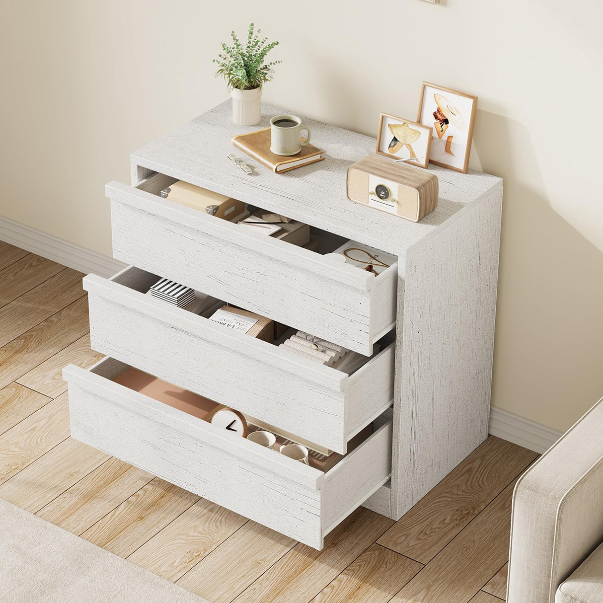 GarveeHome 3 Drawer Dresser for Bedroom, White Nightstand 3 Chest of Drawers with Large Storage, Small Modern Bedside End Table for Living Room, Nursery, Entryway GarveeHome