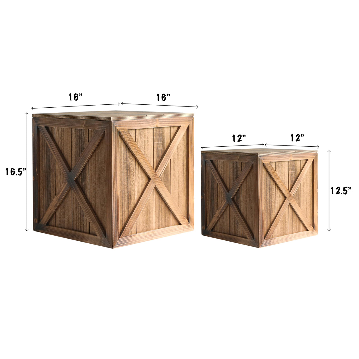 COLLECTIVE HOME - Wood Storage Ottoman, Rustic Storage Stool, 2 Pack Cube Seat Foot Rest Stool, Accent Side Table, Metal Storage Bin for Living Room Furniture, 16"/12" (Wood, barn Door) COLLECTIVE HOME