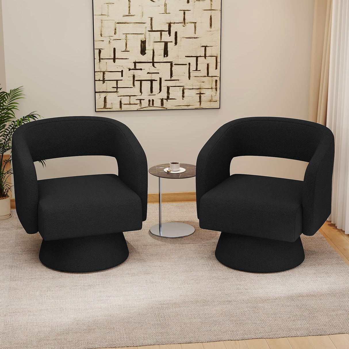 Nebuaegis Swivel Accent Chair Set of 2, Modern Comfy Teddy Barrel Chairs, Oversized Upholstered Round Arm Chair for Living Room, Bedroom, Reading Room, Black Nebuaegis