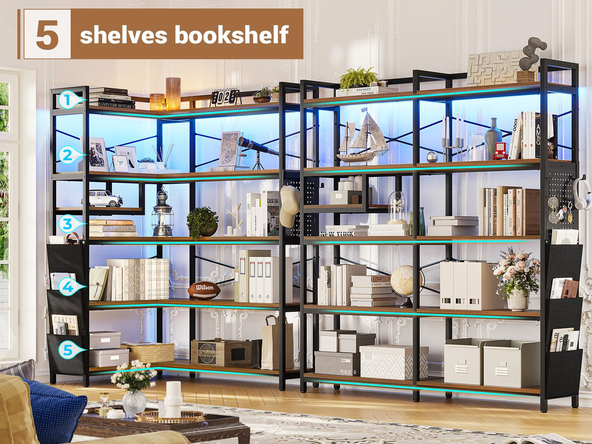 Itaar 5-Tier Convertible Corner Bookshelf with LED Light, Pegboard & Storage Bag in Rustic Brown Itaar