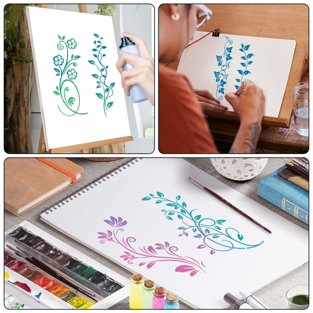 12pcs Leaf Vine Stencils, Leaves & Flower Stencil Reusable Floral Stencil Spring Drawing Templates for Painting on Walls DIY Craft Canvas Home Decor Wall Art Gosknor