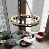 WOGON WEEL Wagon Wheel Chandelier 48-Inch 24-Light, Black and Oak Wood Tone Finish Round Rustic Farmhouse Chandelier Extra Large for High Ceilings, Living Room Foyer WOGON WEEL