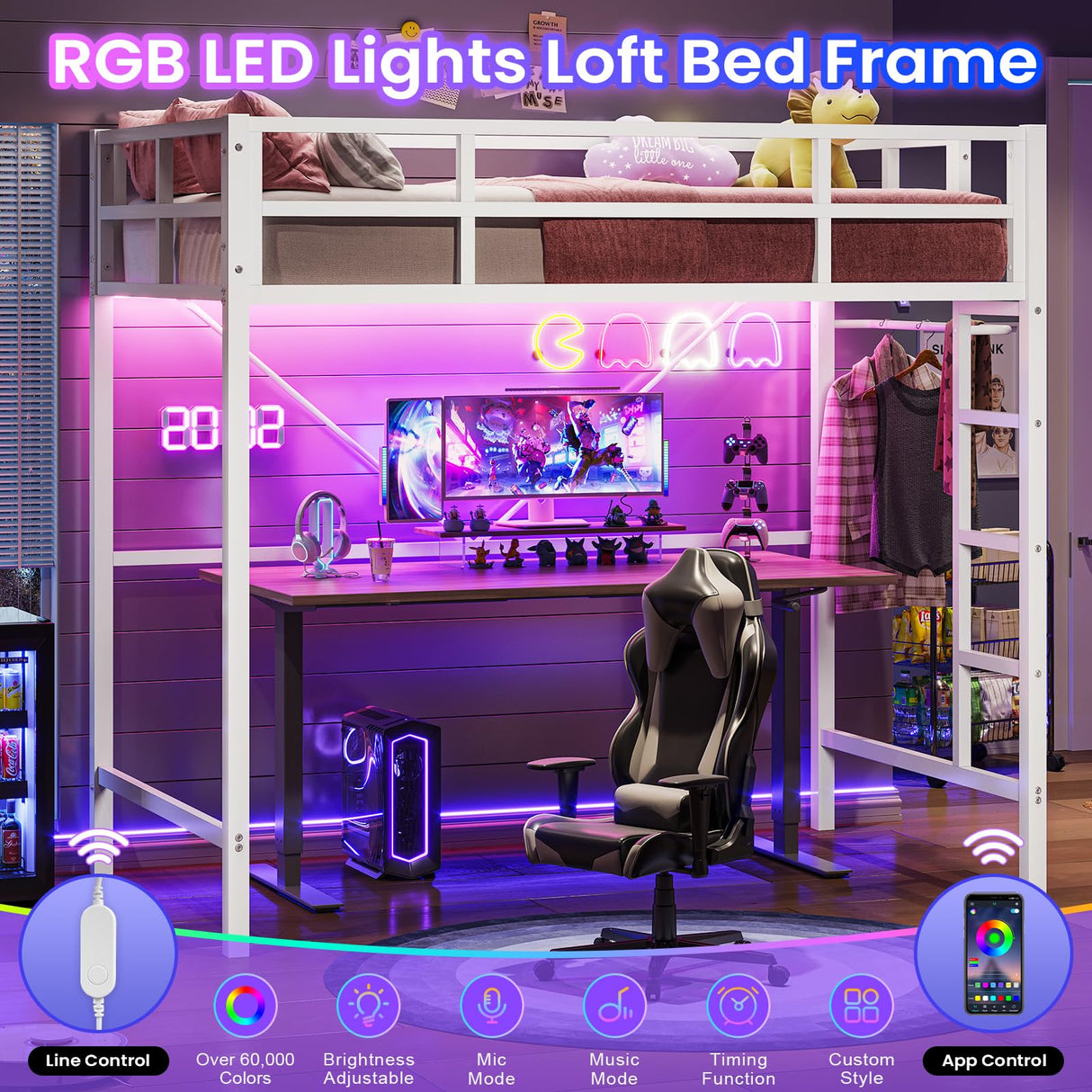 Hasuit Space-Saving Twin Loft Bed with RGB LED Lights and Guardrail, Metal Frame with Clothes Rack Hasuit