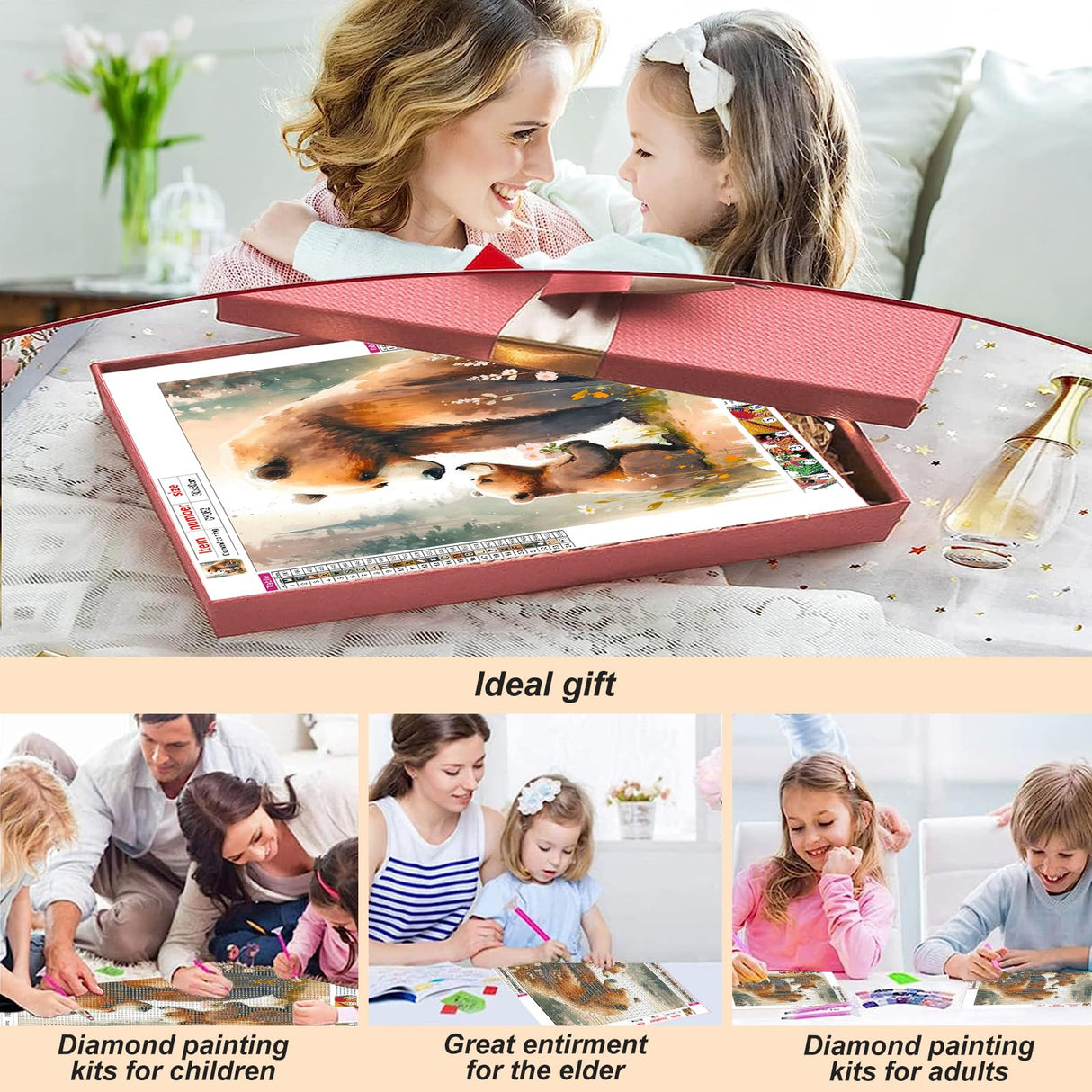 Stalente Diamond Painting Kits for Adults, 5D DIY Diamond Art Kits for Beginners Round Full Drill Diamond Painting for Home Wall Decoration Gift 12×12inch, Brown Bear Stalente