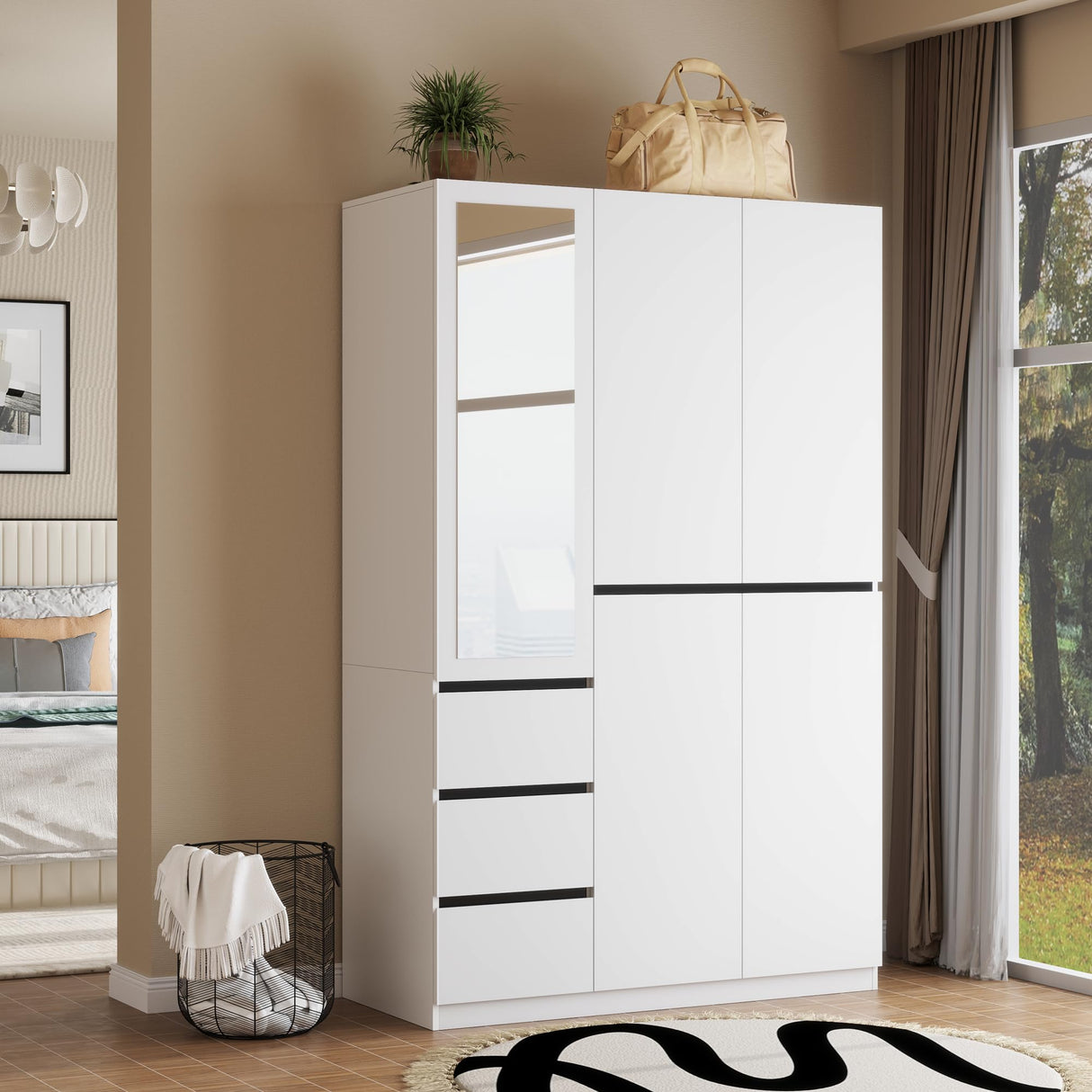 Wakefit 5 Door Armoire Wardrobe Closet with 3 Drawers & Mirror, Wooden Bedroom Armoires with Shelves and Hanging Rod, Freestanding Wardrobe Cabinet for Bedroom, Guest Room (White) Wakefit