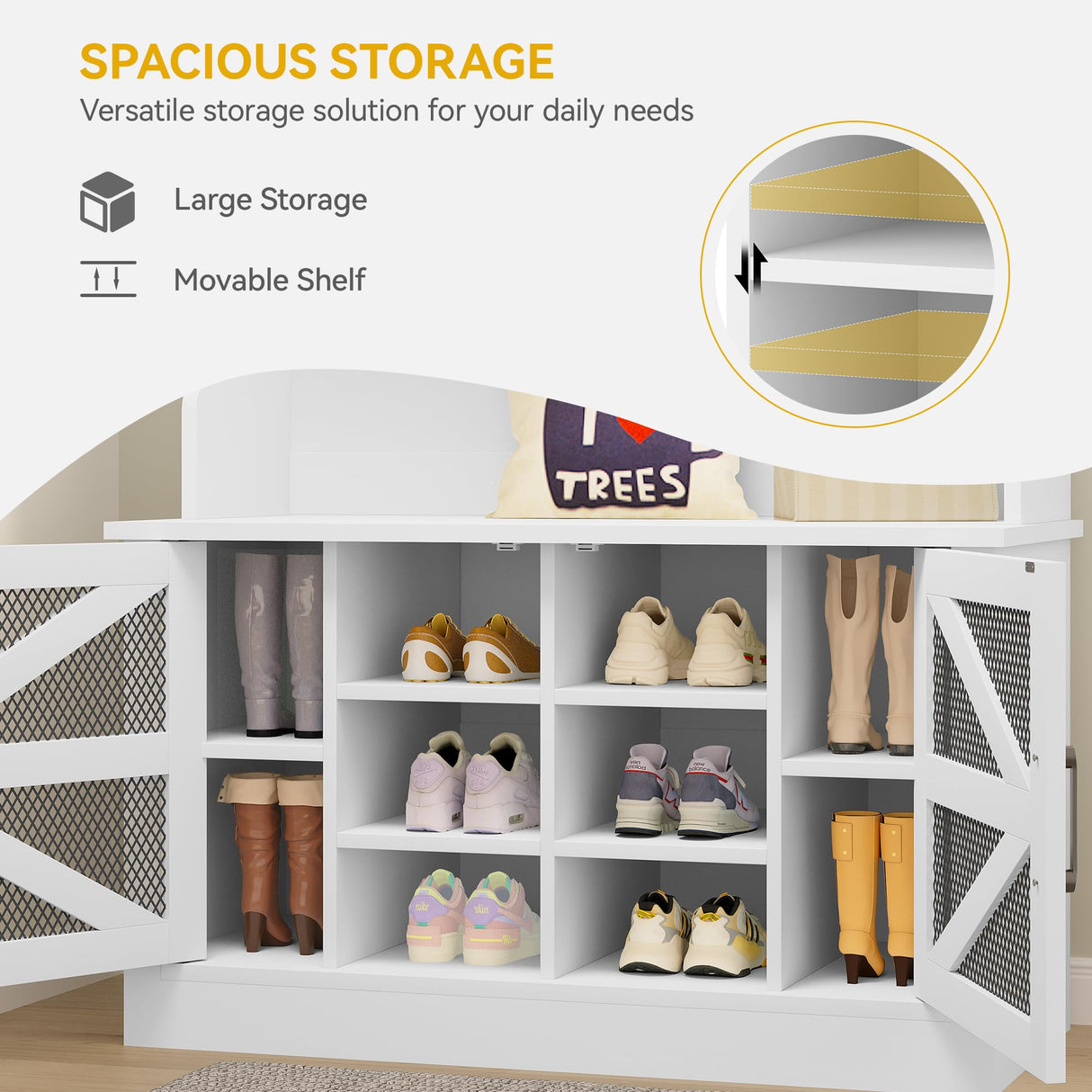 DWVO Farmhouse Hall Tree, Entryway Bench with Coat Rack and Shoe Storage, Freestanding Bench for Entryway Hallway, White DWVO