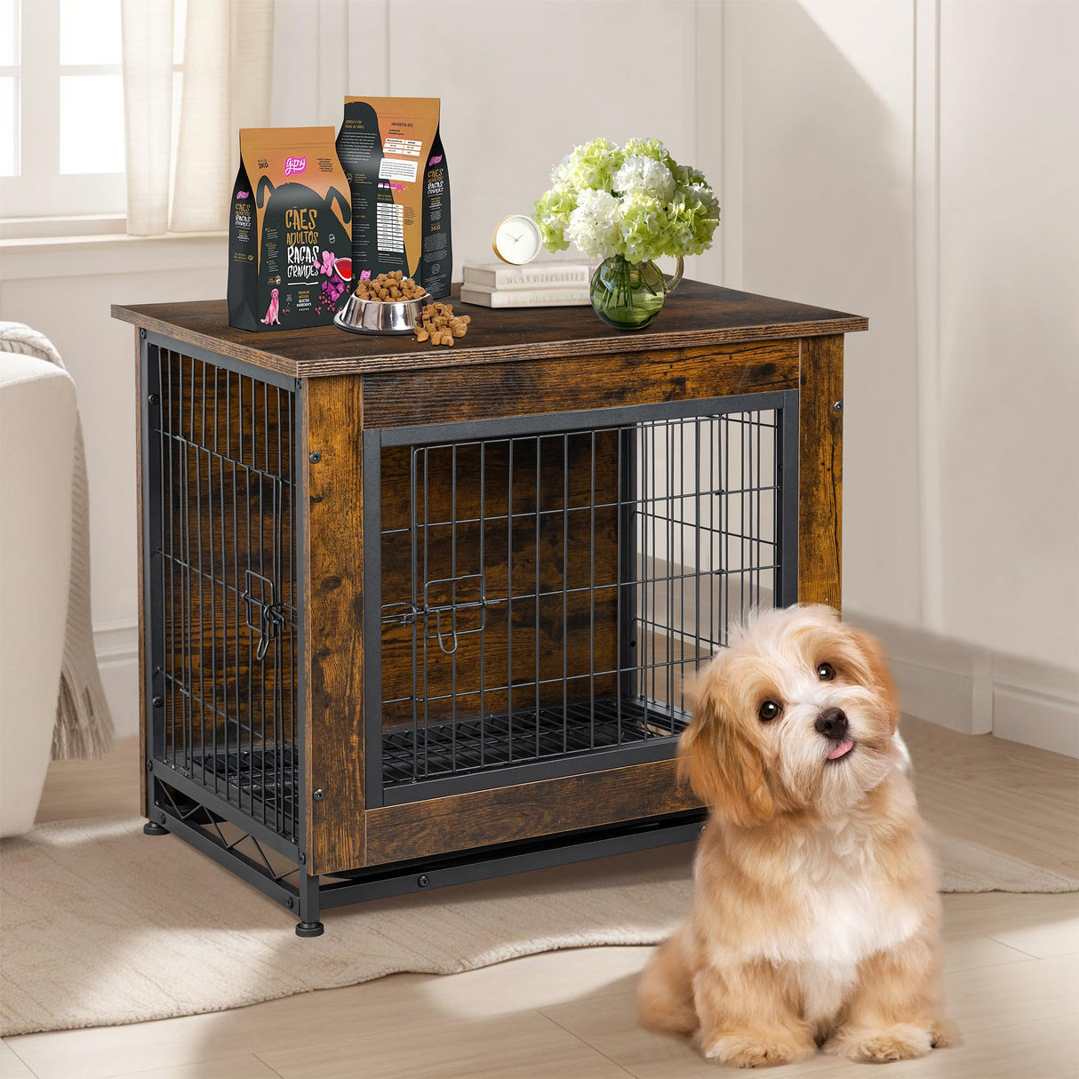 Shintenchi Dog Crate Furniture, Double-Doors Kennel Indoor with Removable Tray, End Table Dog House for Small Breed, 27.2" L, Brown Shintenchi