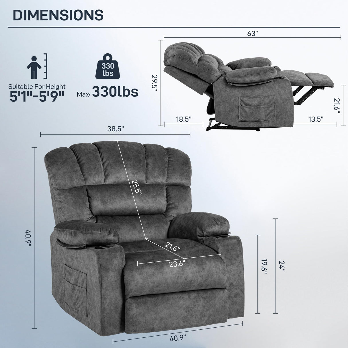YI DANICA Recliner Chair Modern Ergonomic Lounge Single Sofa Seat Living Room Gravity Recliners Foam Filling 2 Cup Holders & Side Pocket YI DANICA