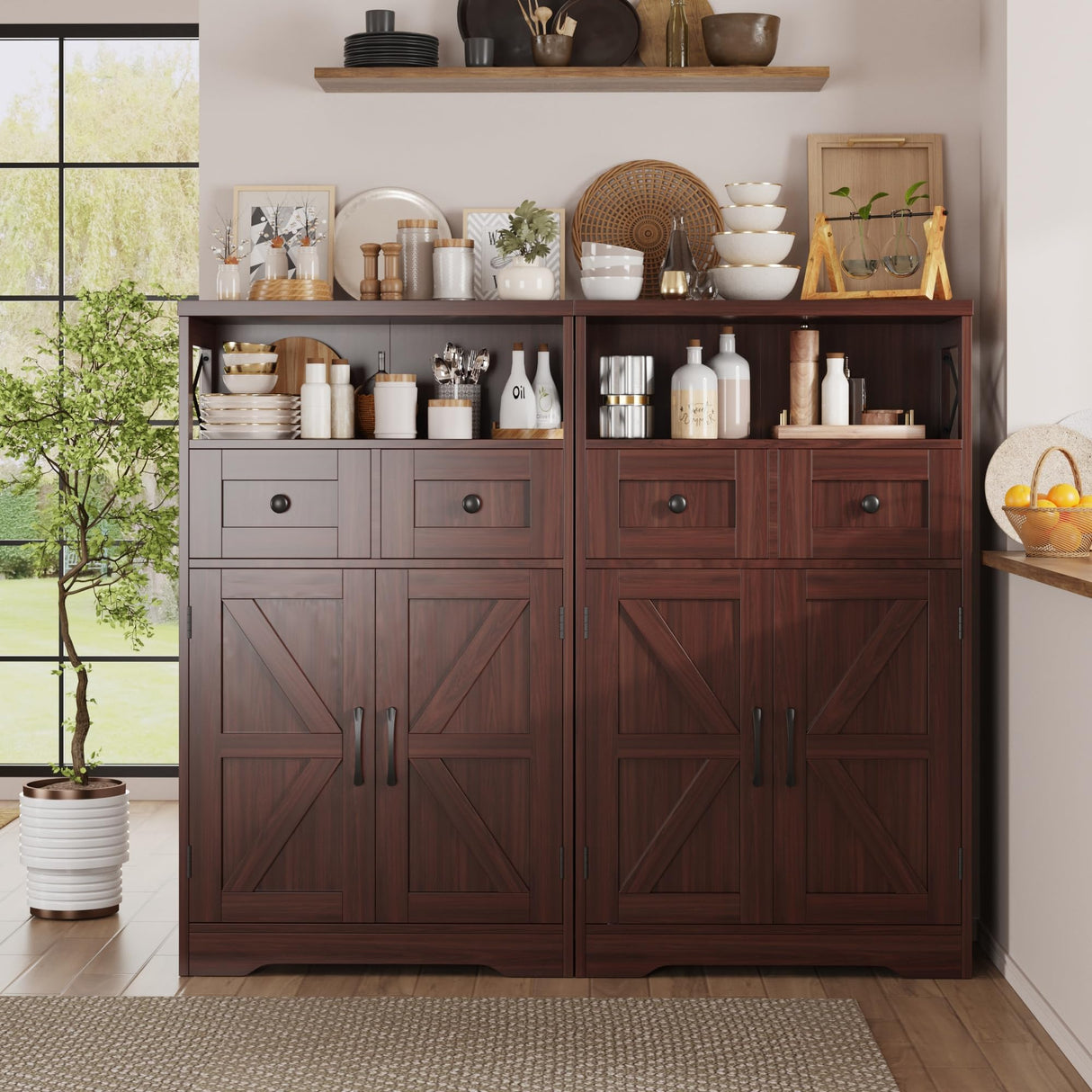 Dark Brown Storage Cabinet with Doors and Shelves - Farmhouse Kitchen Pantry Cabinet with Storage, Coffee Bar Station, Hutch Cupboard for Kitchen, Living Room, Home Office, Dining Room FiveWillowise