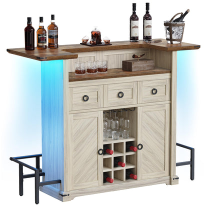 YITAHOME Home Bar Unit with LED Lights ＆ Drawer, Farmhouse Bar Cabinet with Glasses Holder and Wine Storage, Liquor Bar Table Mini Bar with Footrest for Living Room, Off White+Walnut Grain