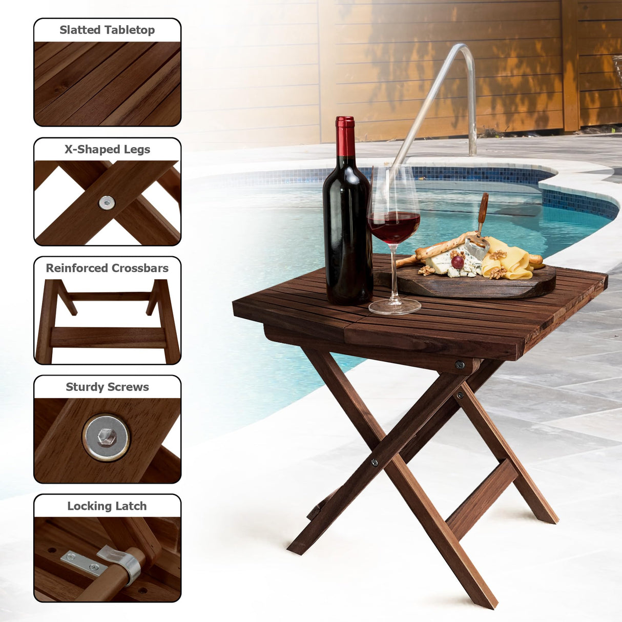 Melino Wooden Folding Table, Acacia Wooden Small Table for Indoor and Outdoor uses, Weather Resistant and Fully Assembled (Chestnut) Melino