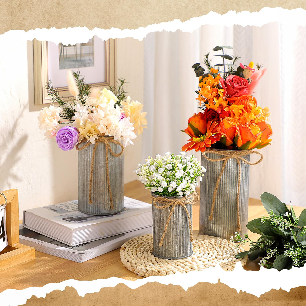 Zonon 3 Pcs Farmhouse Vase Decor with Twine Bow 4.33" Galvanized Flower Bucket 5.91" Metal Pots 7.09" Rustic Decorated Vases for Artificial Flowers Home Table Weddings Decor (Black) Zonon