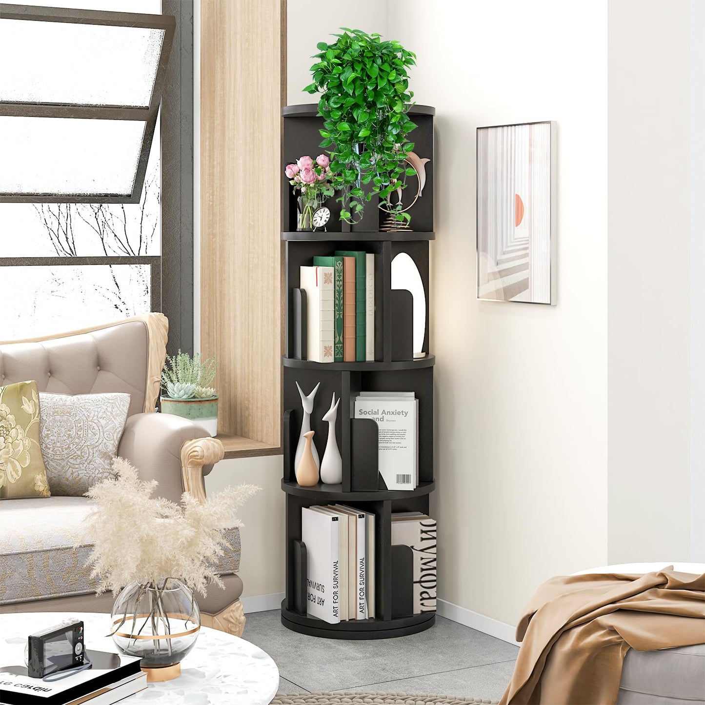 360° Rotating Black Bookcase - Space-Saving 4-Tier Bookshelf for Kids & Adults - WoodArtSupply