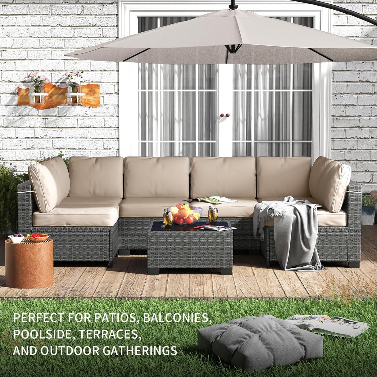 6 Piece Outdoor Patio Furniture Set with Coffee Table, Rattan Deck Conversation Sofa Set, All-Weather Sectional Rattan Sofa with Glass Top Coffee Table, Poolside, Garden, Porch, Grey + Beige GAOMON