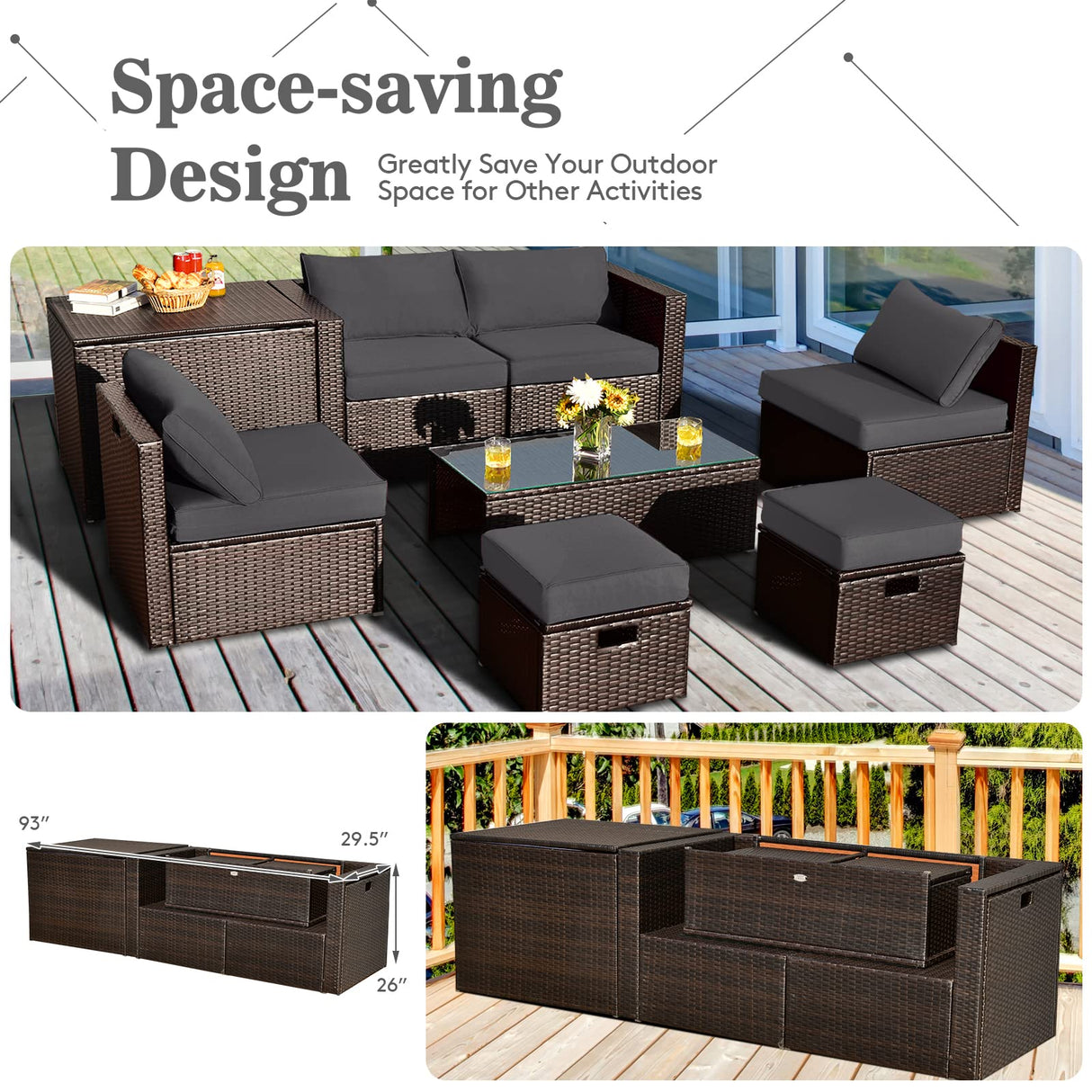 Tangkula 8 Piece Patio Furniture Set, Patiojoy Outdoor Space Saving PE Rattan Sectional Sofa Set for 6 with Waterproof Cover, for Garden, Deck, Poolside and Balcony (Grey) Tangkula