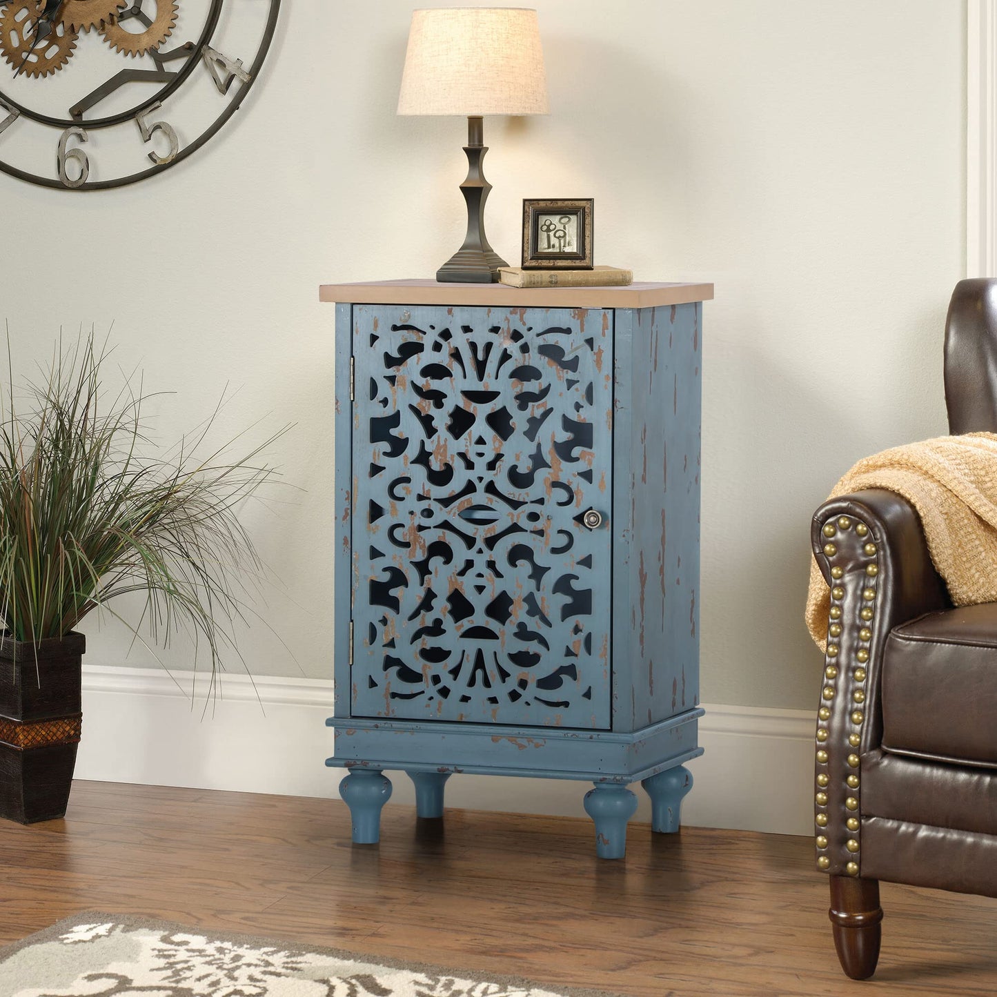 Sophia & William Accent Cabinet Small with Single Door, 31.5" Tall Side End Table, Distressed Nightstand with Wooden Frame and Hollow Carved Door, Blue, 1-Door - WoodArtSupply