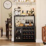 GarveeHome 3-Tier Wine Bar Cabinet with LED Lights, Detachable Wine Rack and Storage Space, Buffet Cabinet with Glass Holder and Mesh Door, for Kitchen, Living Room and Bar, Black GarveeHome