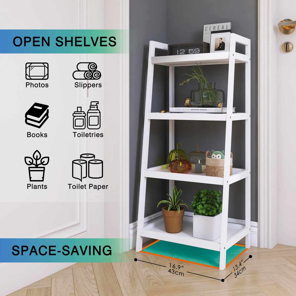 SMIBUY Ladder Shelf, 4 Tier Bamboo Bookshelf, Bathroom Storage Organizer Plant Display Stand, Freestanding Open Shelving Unit with Handles for Home Office (White) SMIBUY