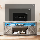 DWVO TV Stand for 75/80 Inch TV, Entertainment Center, LED Light Media Console, TV Cabinet with Barn Doors and Power Outlet for Living Room, Washed Grey DWVO