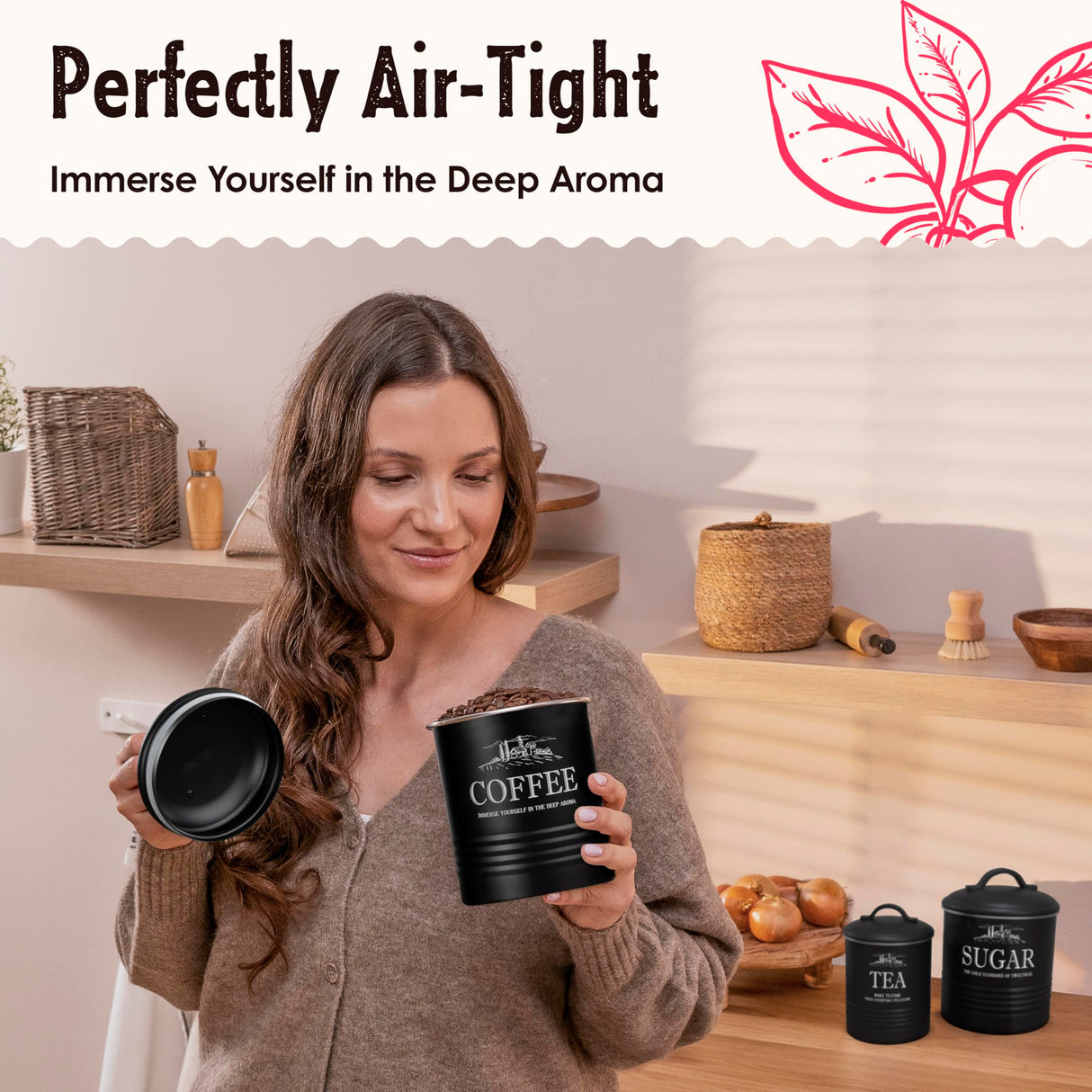 noonberry Canisters for Kitchen Counter, Set of 5 Black Containers, Airtight Coffee Tea Flour Sugar Canisters Sets for the Kitchen Countertop & Kitchen Utensil Holder noonberry