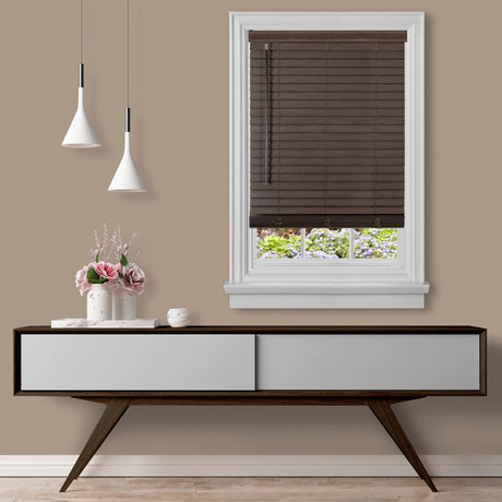 Cordless Room Darkening Plantation Blind - 27 Inch Width, 64 Inch Length, 2" Vinyl Slat Size - Mahogany - GII Madera Falsa Faux Wood, Light Filtering Horizontal Windows Blinds by Achim Home Decor Achim Home Furnishings