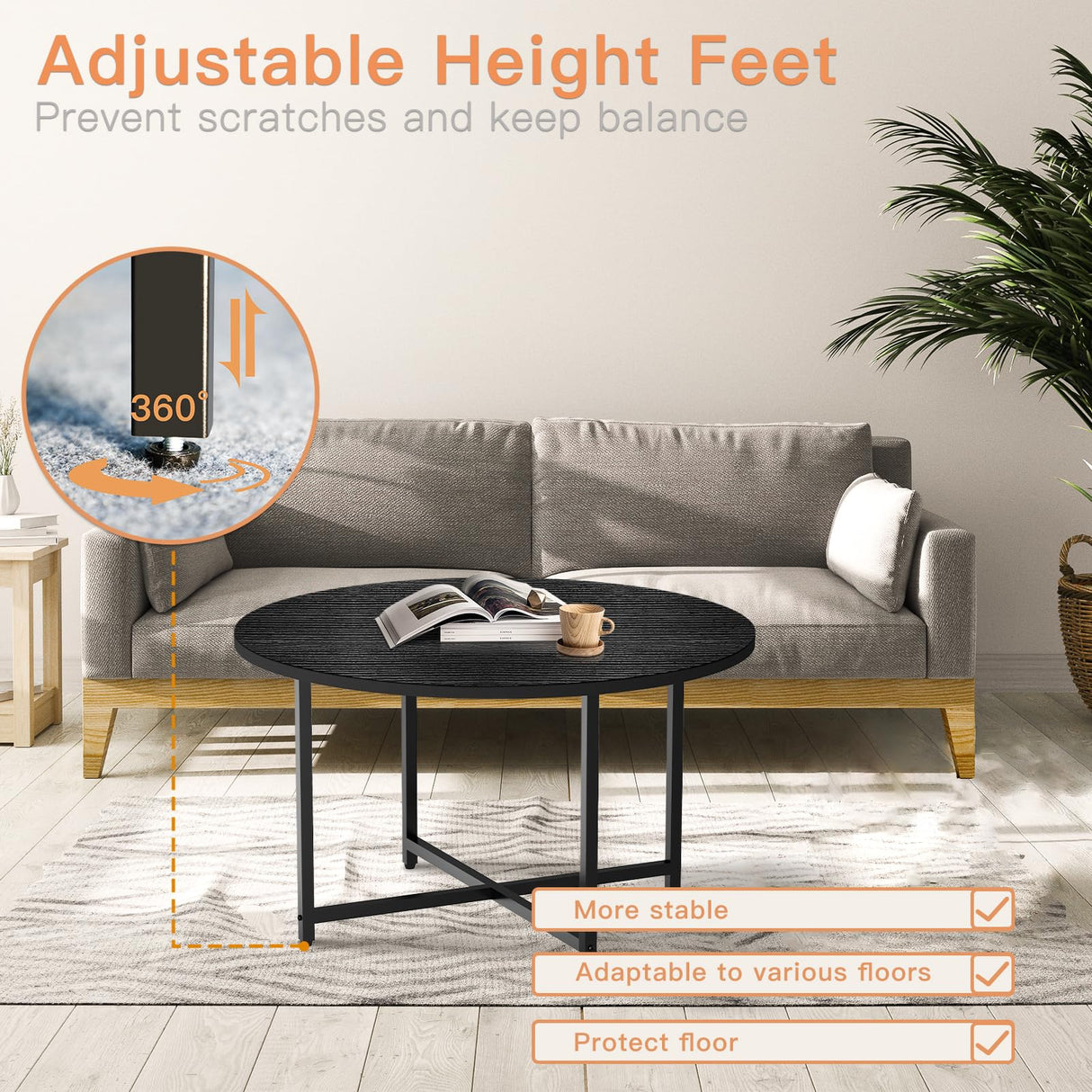 FAMIDGE Coffee Table, 23.6" Coffee Tables for Living Room, Round Coffee Table with Metal Frame, Floor Table for Sitting on The Floor, Home, Office, Black FAMIDGE