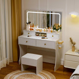 Pamapic Vanity Desk with Upgraded Silent Slides, Golden Handles 3 Lighting Modes Small Vanity with Charging Station, Makeup Vanity with Lights and Storage Vanity Benches Pamapic