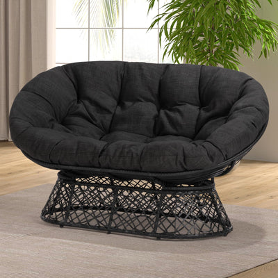 Bme 61" Black - Black Frame Capacity 600lbs Double Papasan Ergonomic Wicker Papasan Chair with Soft Thick Density Fabric Cushion, High Capacity Steel Frame for Living, Bedroom
