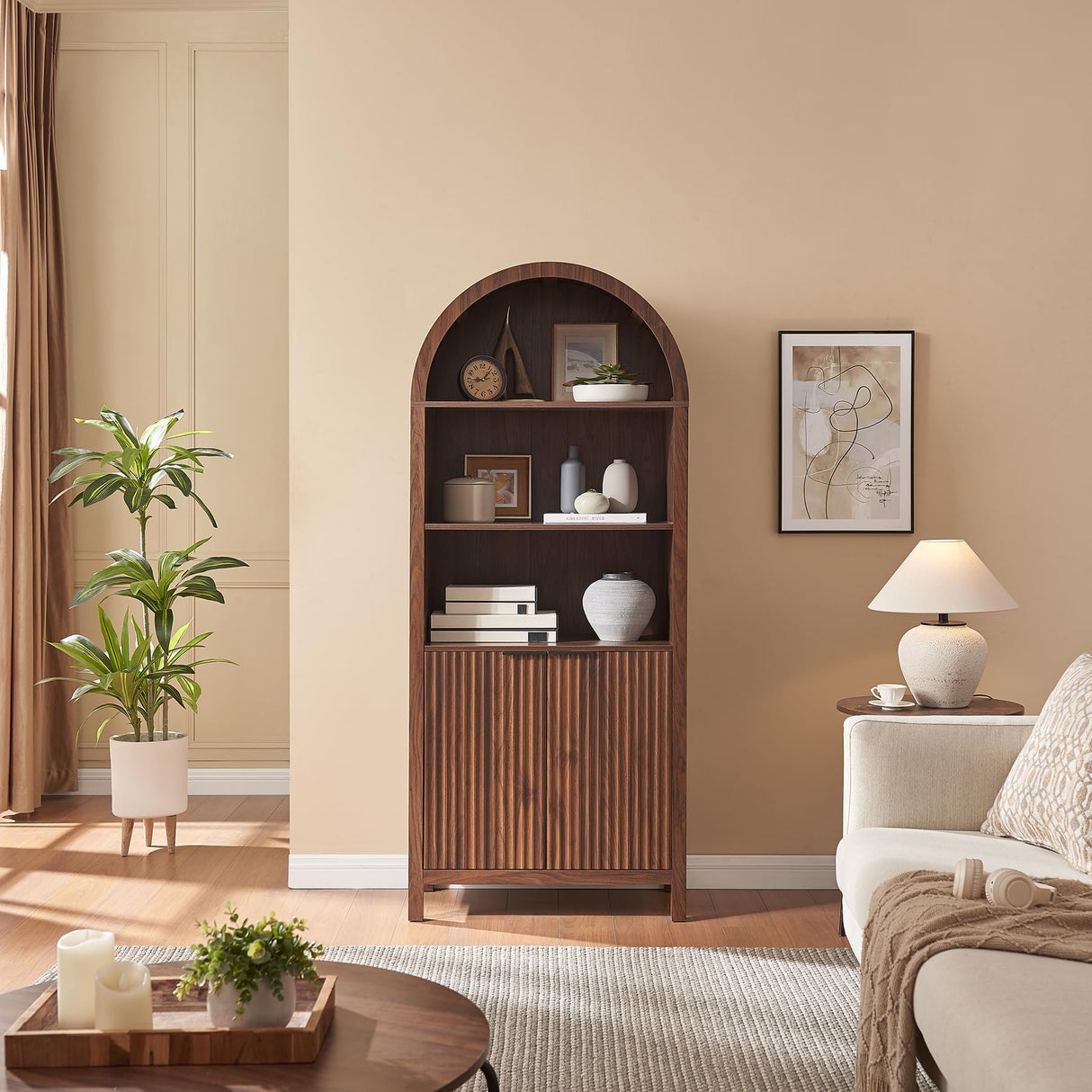 WINWY Arched Cabinet Bookshelf Bookcase - 71” Tall Mid Century Arched Display Cabinets, Rounded Bookshelf with Fluted Doors, Open Shelf Storage Cabinet for Dining Room (Walnut) WINWY