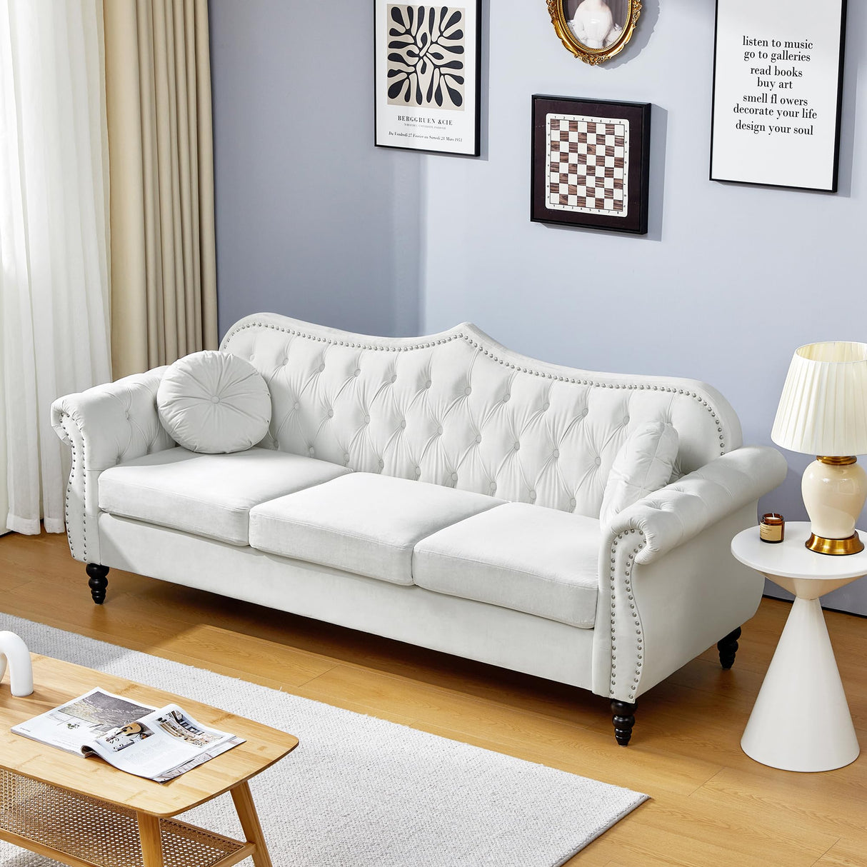 AVZEAR 82" Three Seater Sofa, Chesterfield Sofa, Mid-Century Modern Velvet Upholstered Sofa, Deep Button Tufted Living Room Sofa with Two Throw Pillows, White AVZEAR
