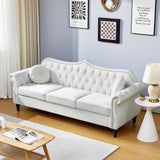 AVZEAR 82" Three Seater Sofa, Chesterfield Sofa, Mid-Century Modern Velvet Upholstered Sofa, Deep Button Tufted Living Room Sofa with Two Throw Pillows, White AVZEAR